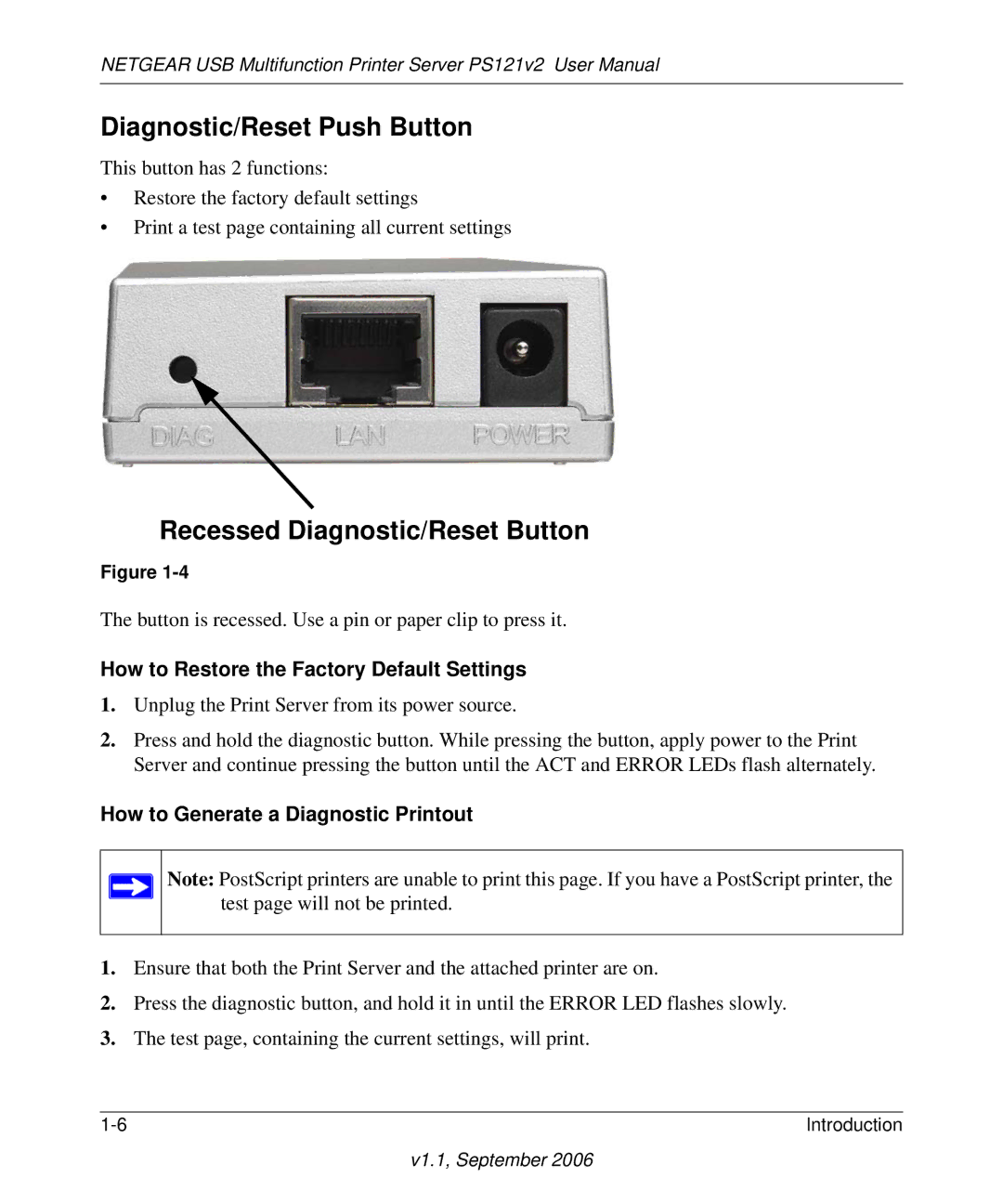 NETGEAR PS121v2 Diagnostic/Reset Push Button, Recessed Diagnostic/Reset Button, How to Generate a Diagnostic Printout 