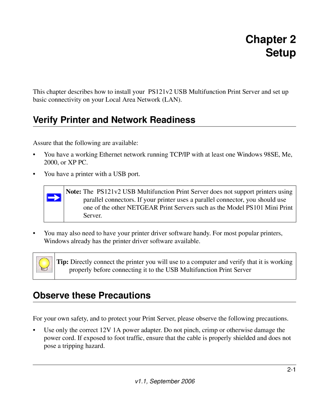 NETGEAR PS121v2 user manual Chapter Setup, Verify Printer and Network Readiness, Observe these Precautions 