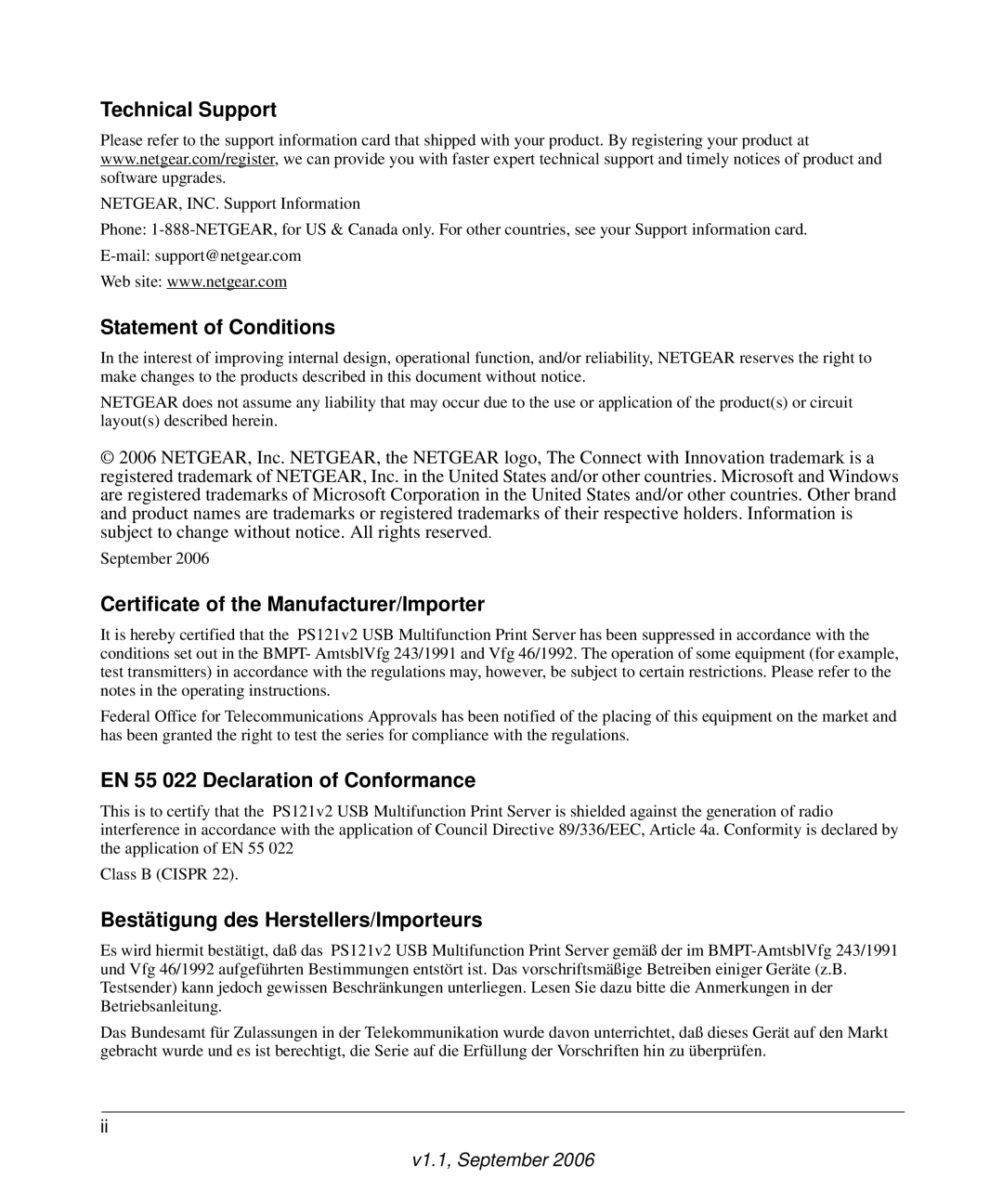 NETGEAR PS121v2 user manual Technical Support, Statement of Conditions, Certificate of the Manufacturer/Importer 