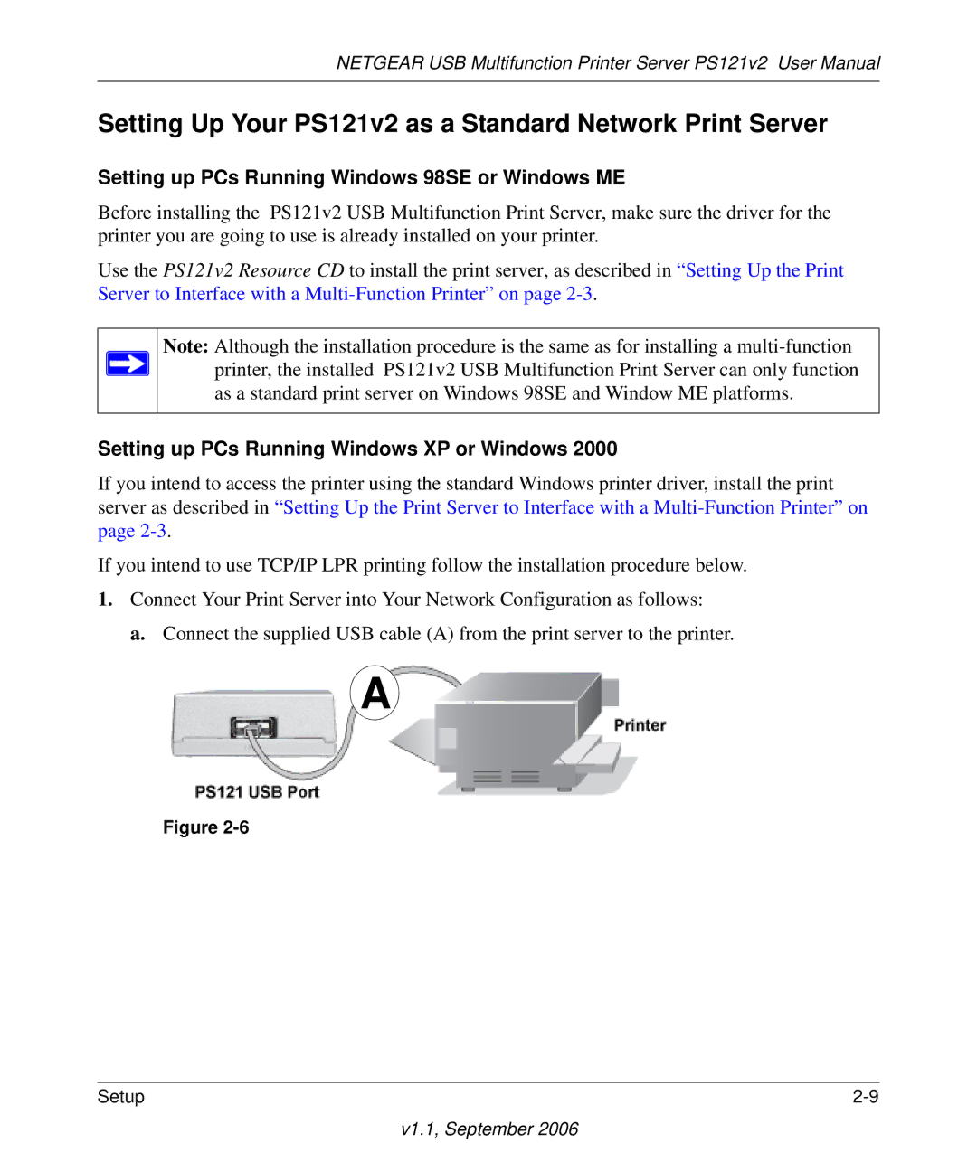 NETGEAR Setting Up Your PS121v2 as a Standard Network Print Server, Setting up PCs Running Windows 98SE or Windows ME 