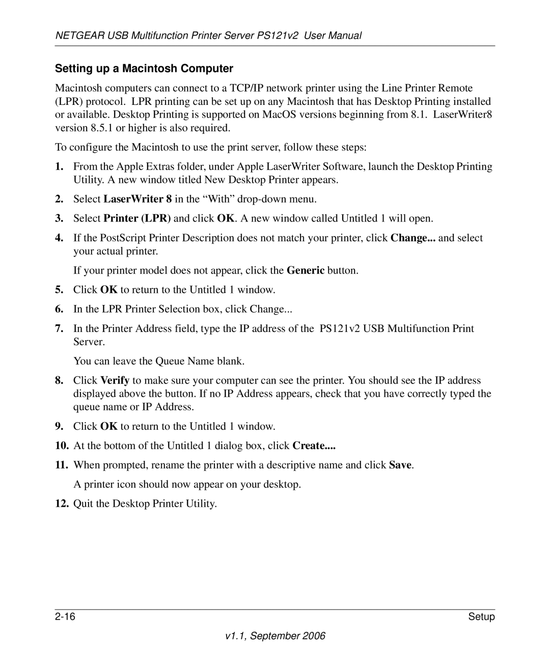 NETGEAR PS121v2 user manual Setting up a Macintosh Computer 