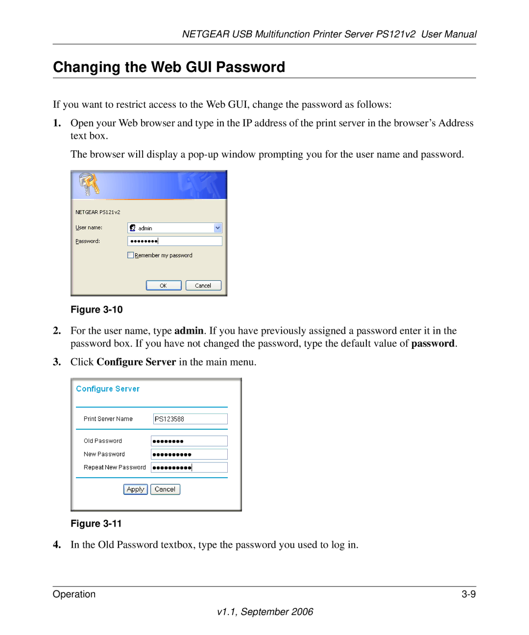 NETGEAR PS121v2 user manual Changing the Web GUI Password 