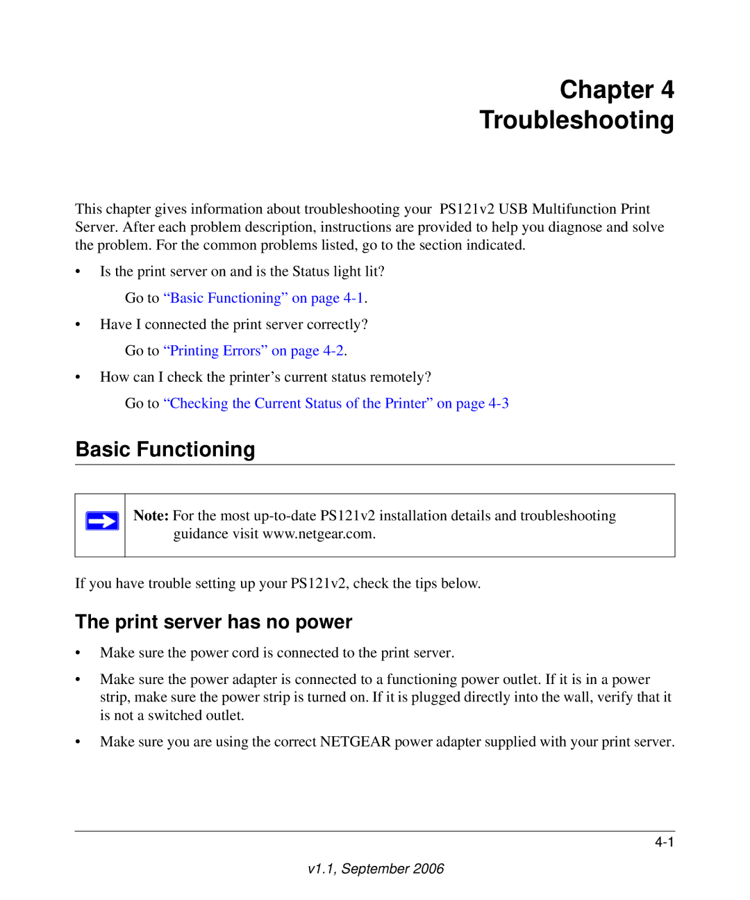 NETGEAR PS121v2 user manual Chapter Troubleshooting, Basic Functioning, Print server has no power 