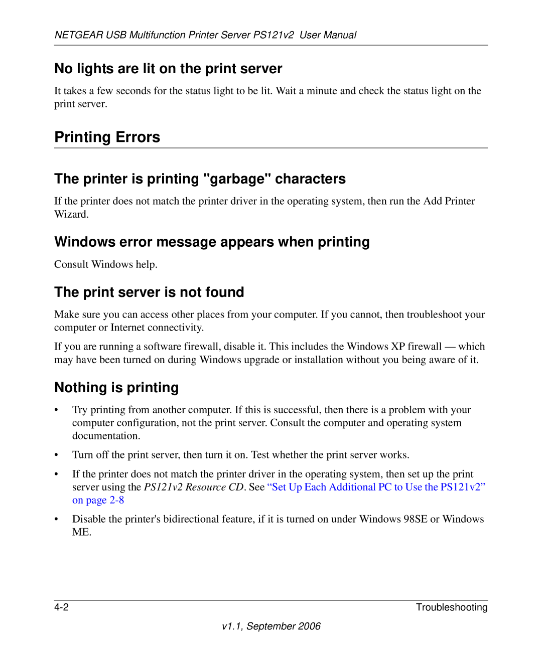 NETGEAR PS121v2 user manual Printing Errors 