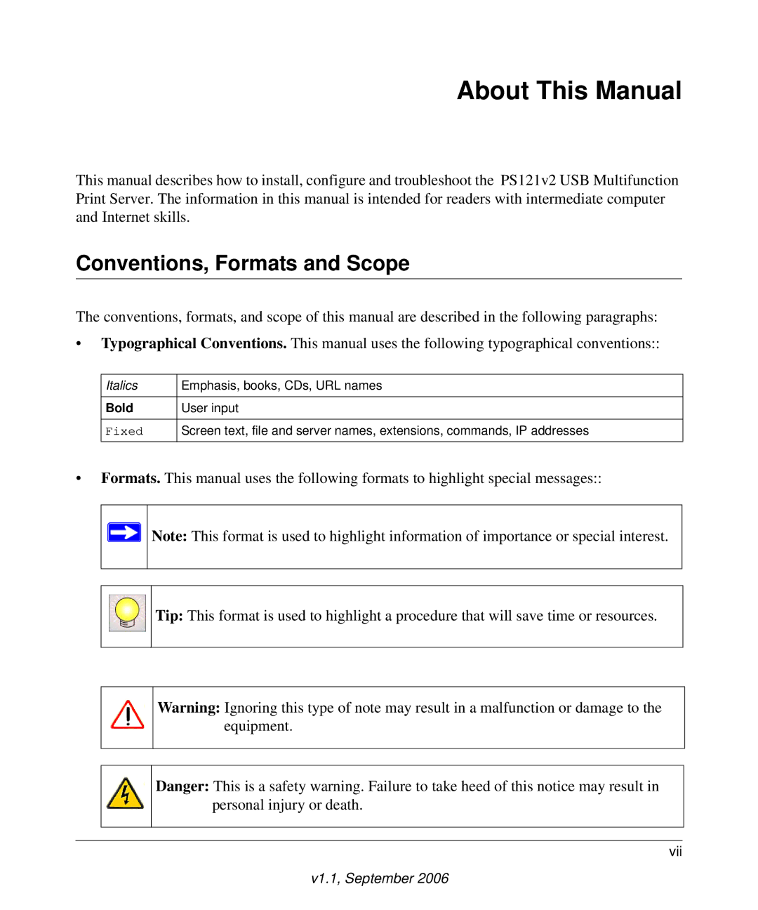 NETGEAR PS121v2 user manual About This Manual, Conventions, Formats and Scope 