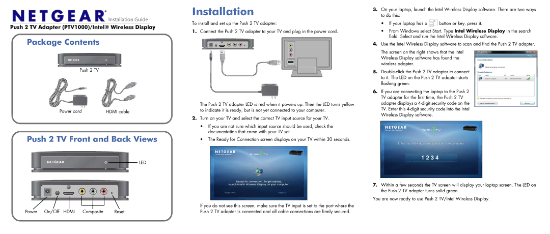 NETGEAR PTV1000 manual Installation, Package Contents, Push 2 TV Front and Back Views 