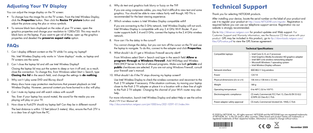 NETGEAR PTV1000 manual Technical Support, Adjusting Your TV Display, FAQs, Technical Specifications 