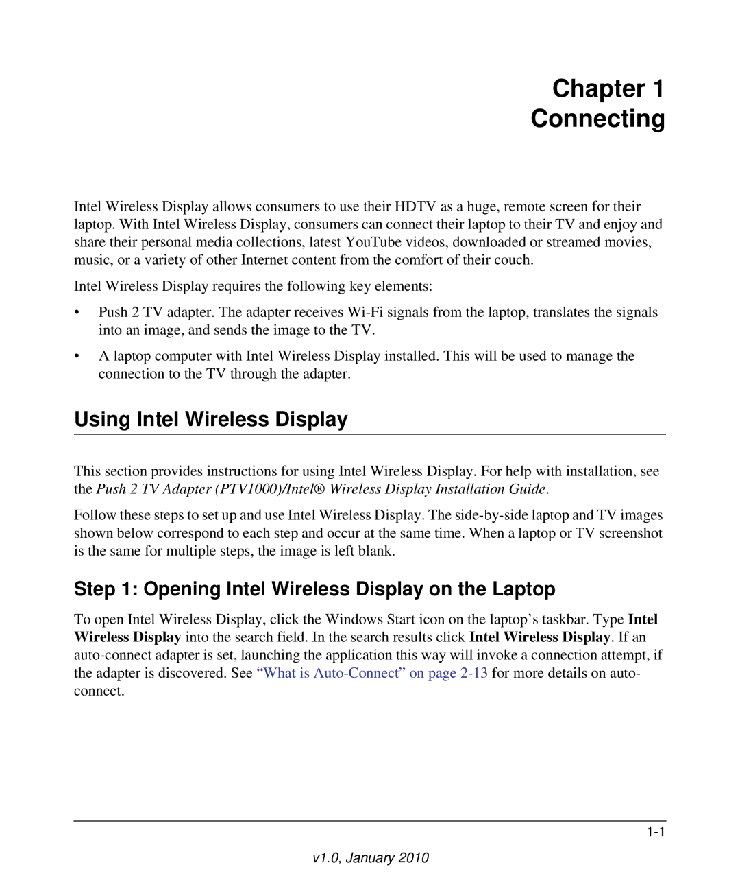 NETGEAR PTV1000 user manual Chapter Connecting, Using Intel Wireless Display, Opening Intel Wireless Display on the Laptop 