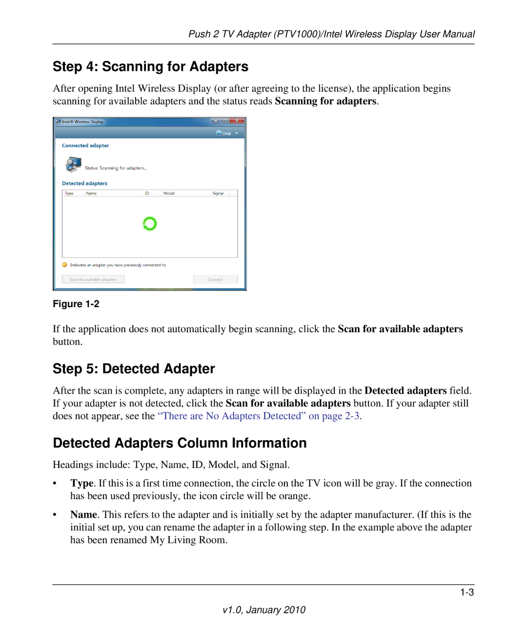 NETGEAR PTV1000 user manual Scanning for Adapters, Detected Adapters Column Information 