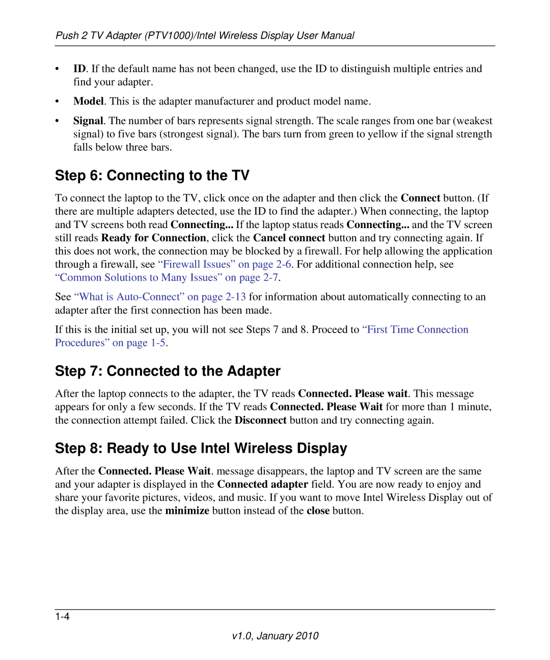 NETGEAR PTV1000 user manual Connecting to the TV, Connected to the Adapter, Ready to Use Intel Wireless Display 