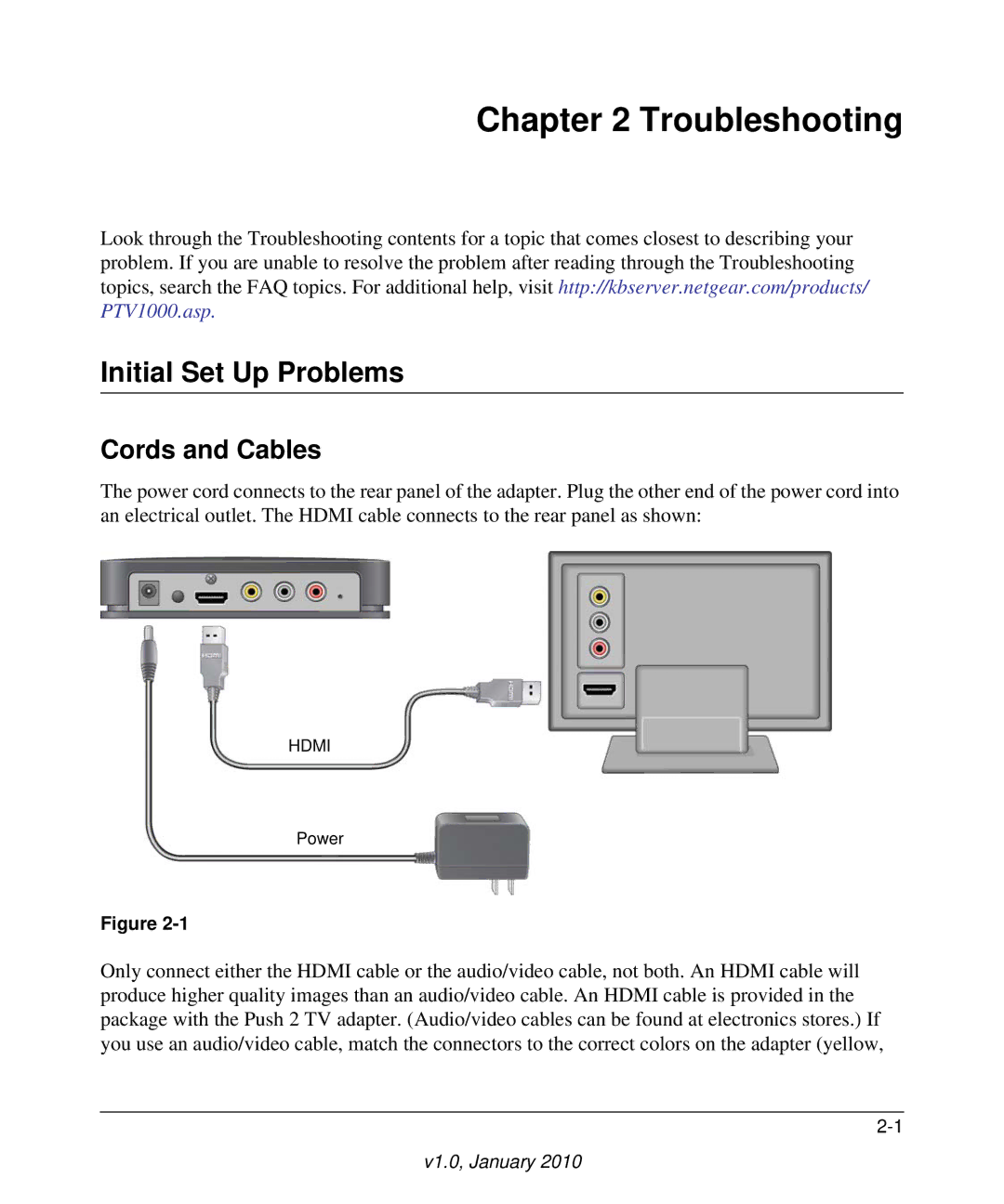 NETGEAR PTV1000 user manual Troubleshooting, Initial Set Up Problems, Cords and Cables 