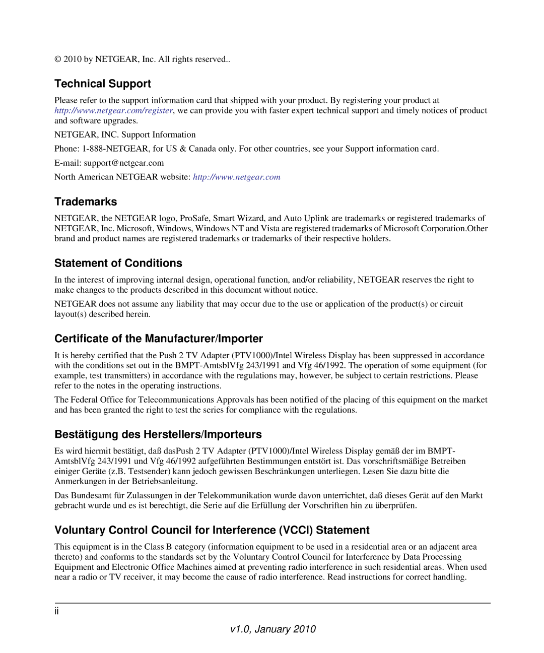 NETGEAR PTV1000 Technical Support, Trademarks, Statement of Conditions, Certificate of the Manufacturer/Importer 