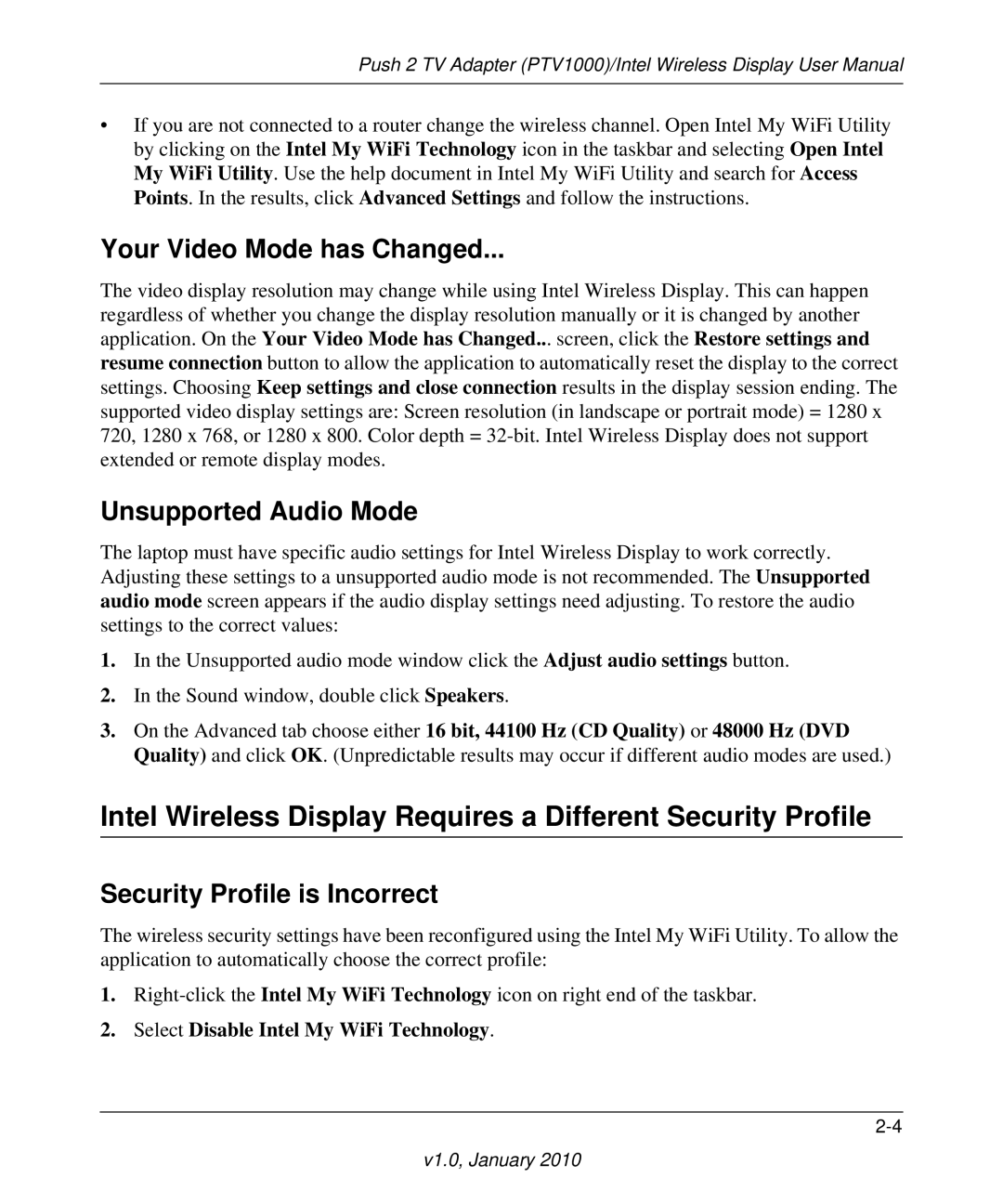 NETGEAR PTV1000 user manual Your Video Mode has Changed, Unsupported Audio Mode, Security Profile is Incorrect 