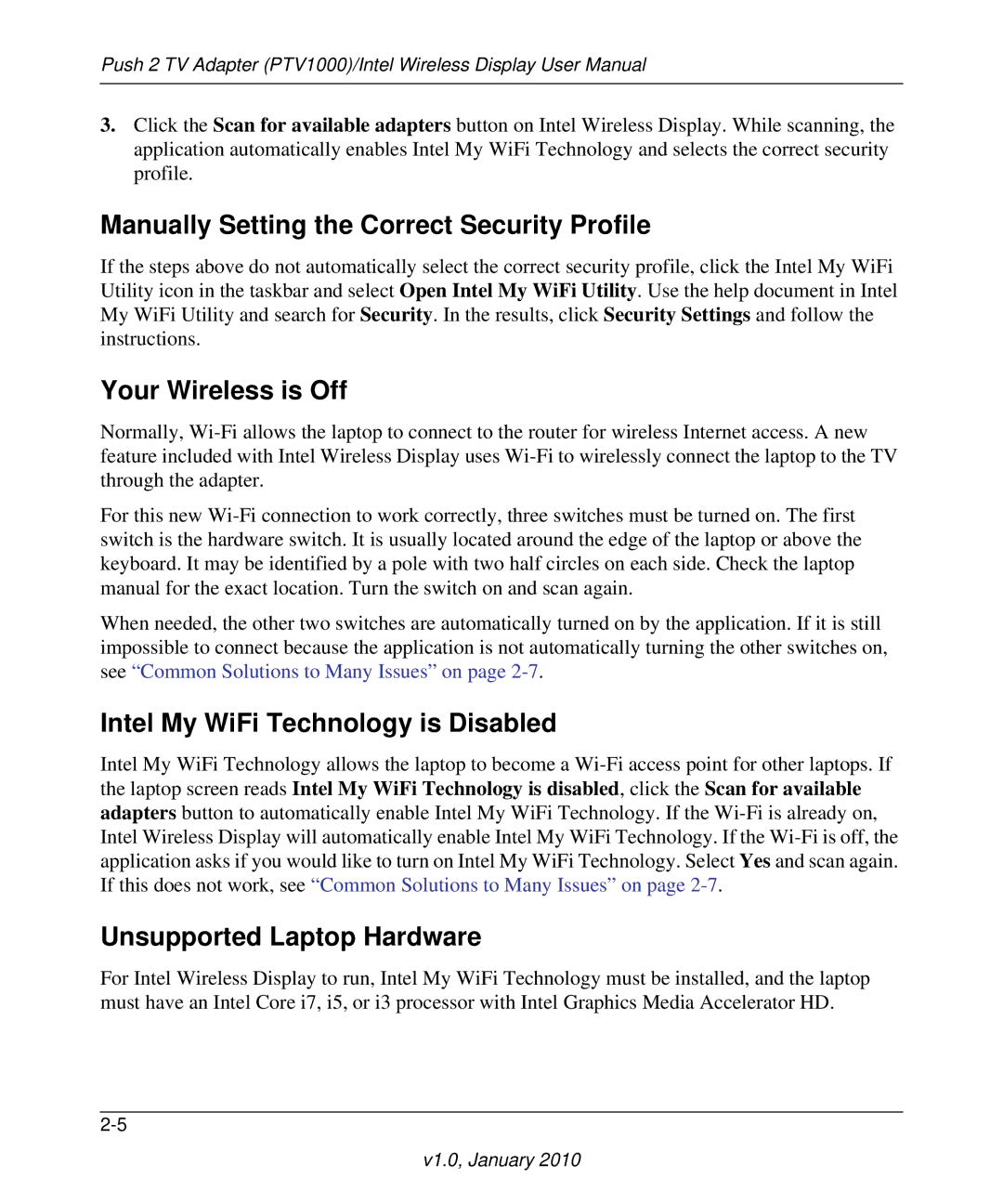 NETGEAR PTV1000 Manually Setting the Correct Security Profile, Your Wireless is Off, Intel My WiFi Technology is Disabled 