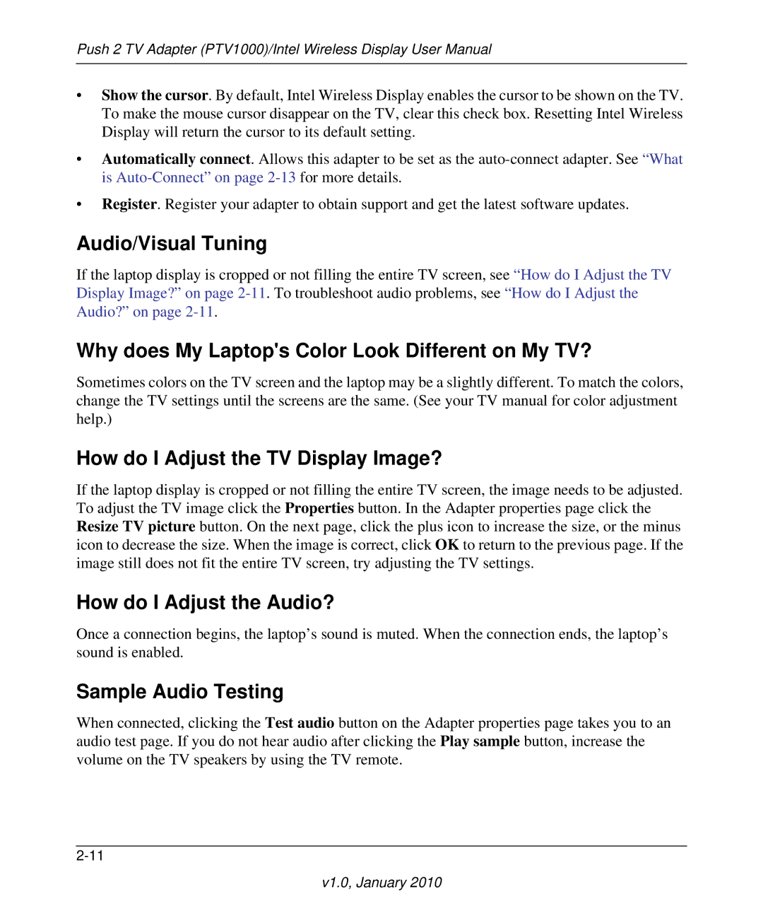 NETGEAR PTV1000 Audio/Visual Tuning, Why does My Laptops Color Look Different on My TV?, How do I Adjust the Audio? 