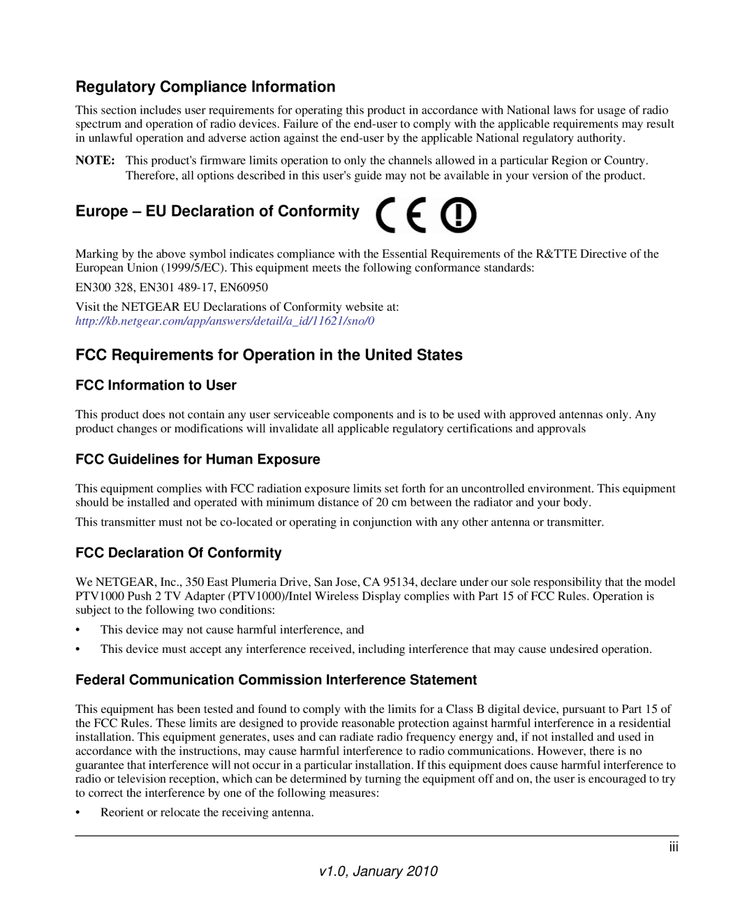 NETGEAR PTV1000 user manual Regulatory Compliance Information, Europe EU Declaration of Conformity 