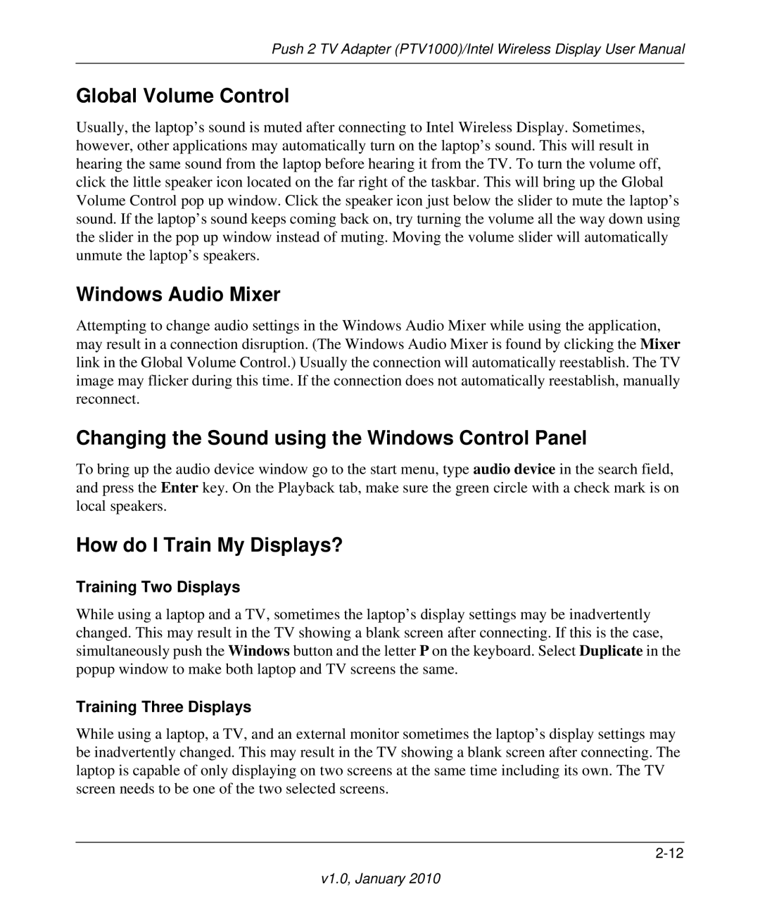 NETGEAR PTV1000 user manual Global Volume Control, Windows Audio Mixer, Changing the Sound using the Windows Control Panel 