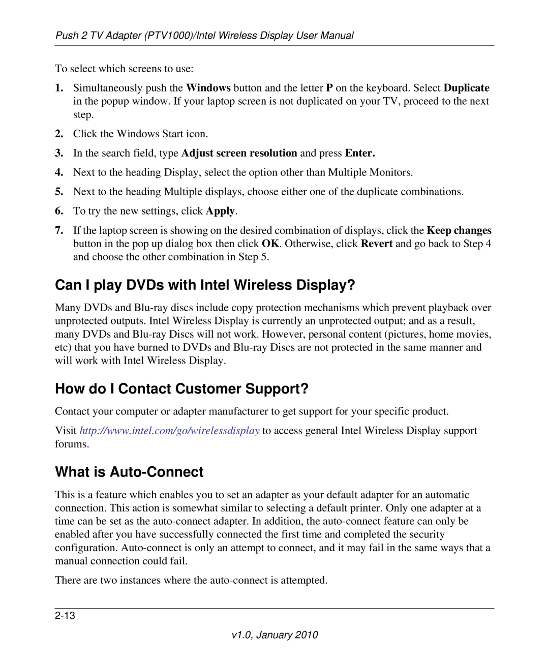 NETGEAR PTV1000 Can I play DVDs with Intel Wireless Display?, How do I Contact Customer Support?, What is Auto-Connect 