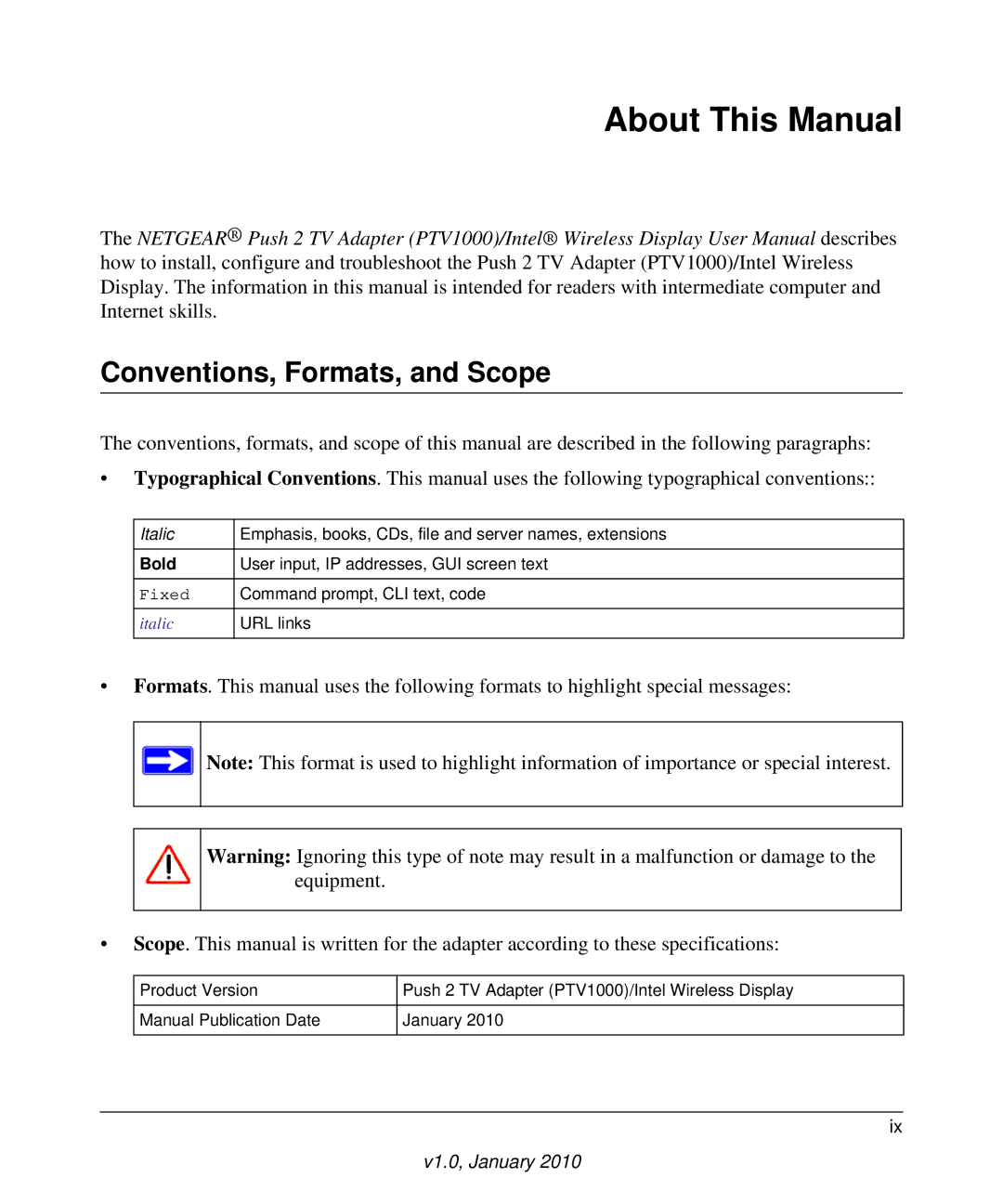 NETGEAR PTV1000 user manual About This Manual, Conventions, Formats, and Scope 