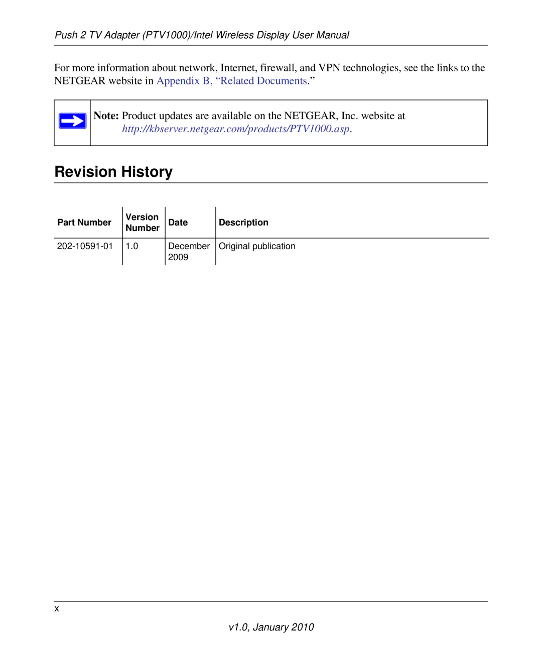 NETGEAR PTV1000 user manual Revision History 