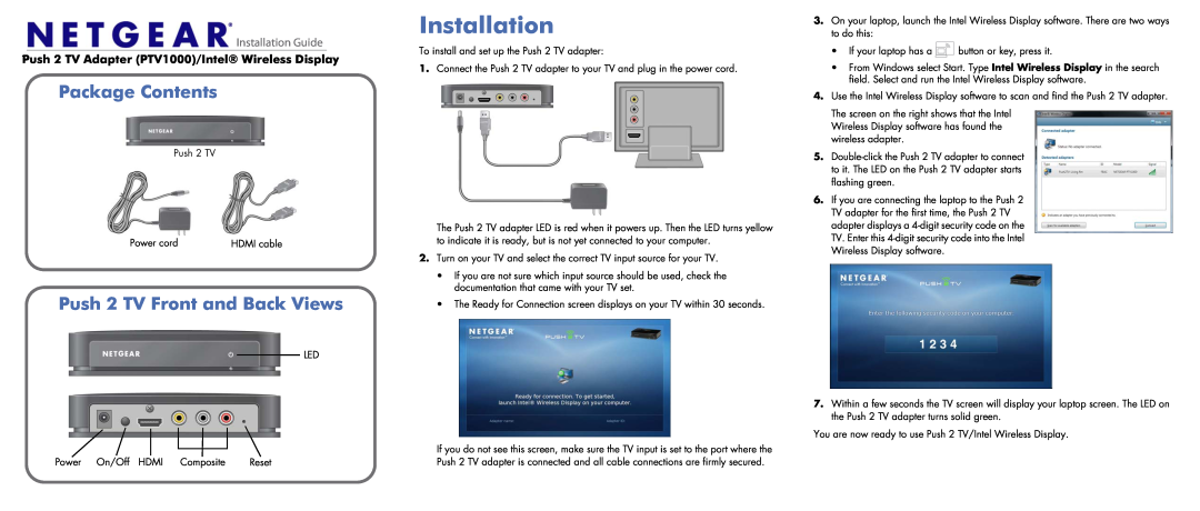 NETGEAR PTV1000 manual Package Contents, Push 2 TV Front and Back Views, Installation Guide 