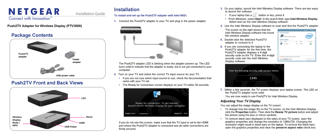 NETGEAR PTV3000-100NAS manual Package Contents, Push2TV Front and Back Views, Installation, Adjusting Your TV Display 