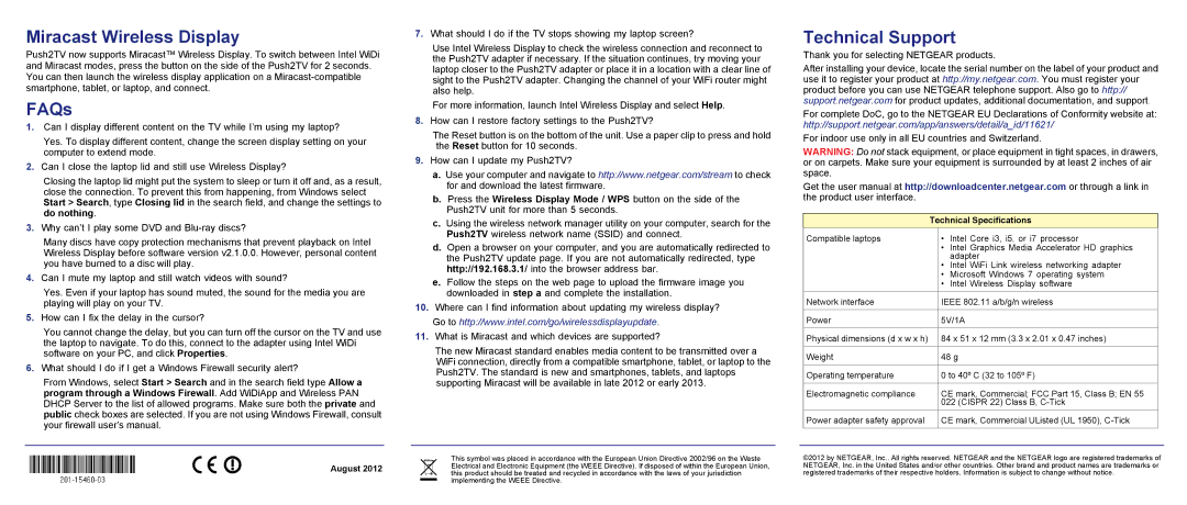 NETGEAR PTV3000-100NAS manual Miracast Wireless Display, FAQs, Technical Support, August, Technical Specifications 