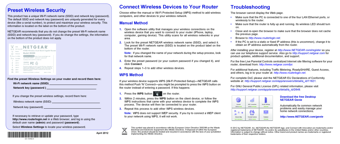 NETGEAR R4500 manual Preset Wireless Security, Connect Wireless Devices to Your Router, Troubleshooting, Manual Method 