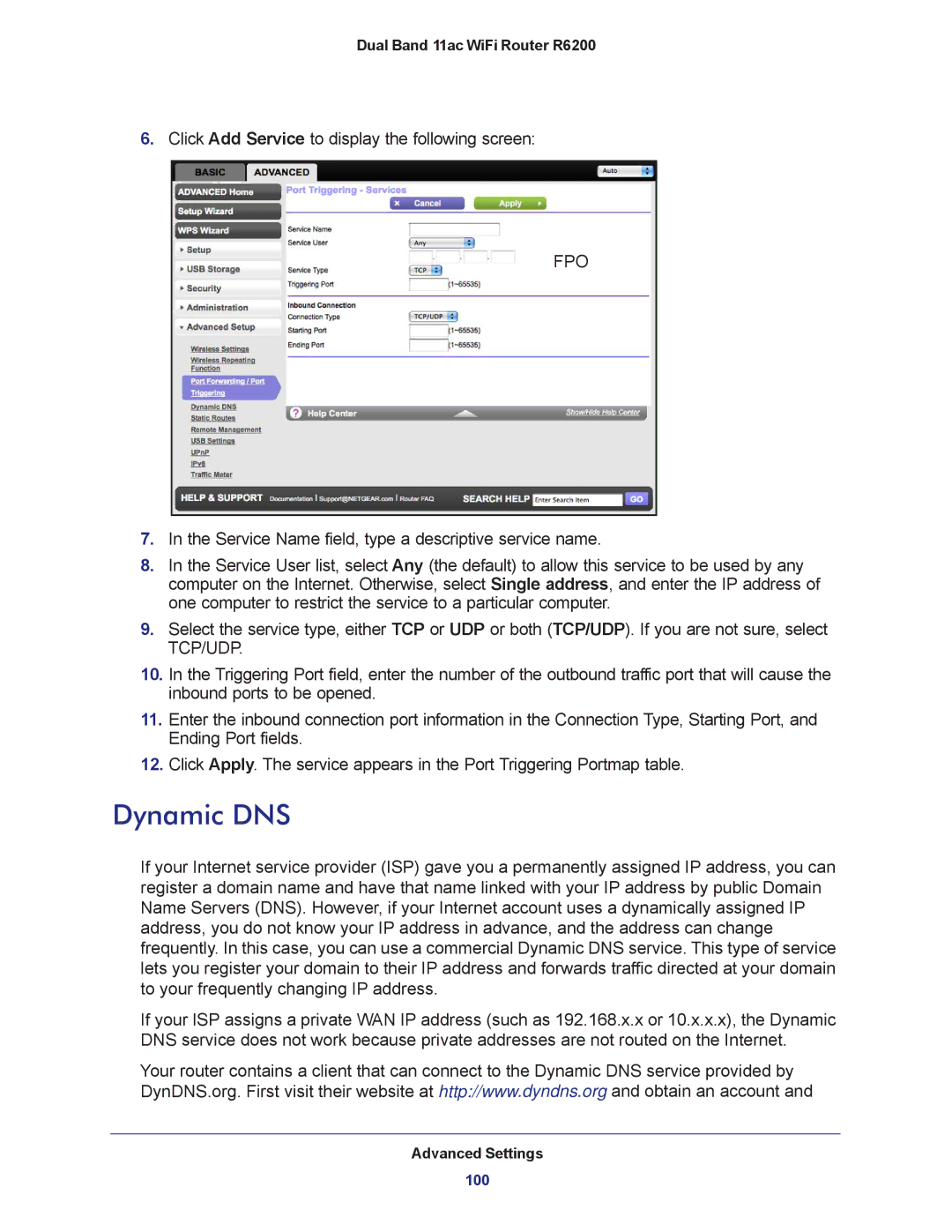 NETGEAR R6200-100NAS user manual Dynamic DNS, Fpo 