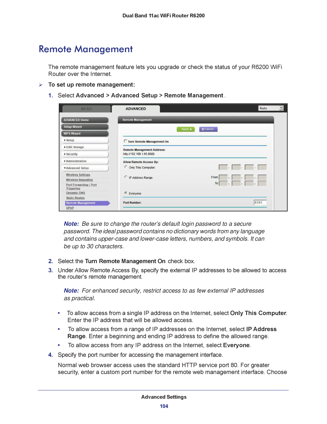 NETGEAR R6200-100NAS user manual Remote Management 