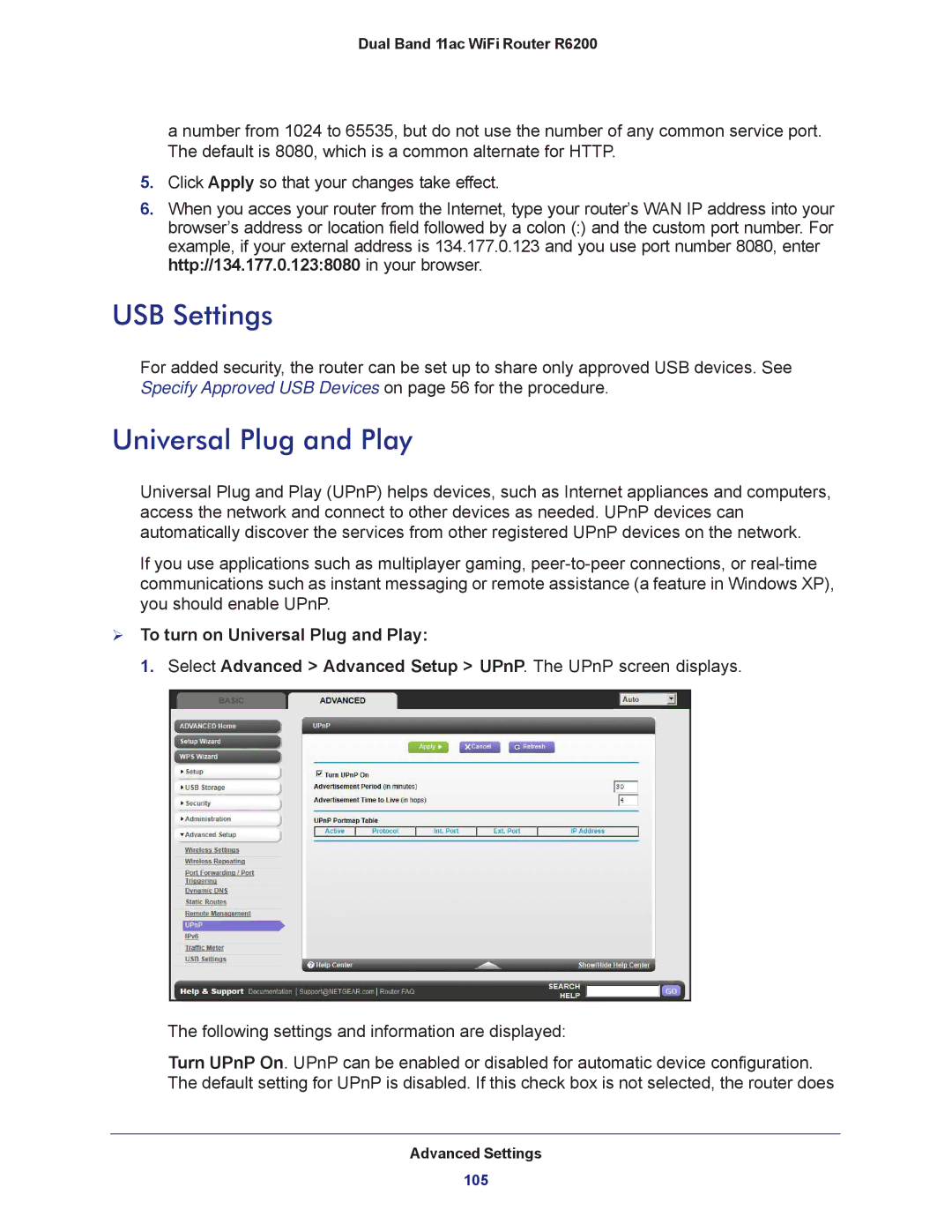 NETGEAR R6200-100NAS user manual USB Settings,  To turn on Universal Plug and Play 