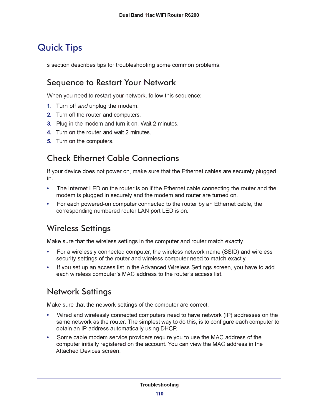 NETGEAR R6200-100NAS Quick Tips, Sequence to Restart Your Network, Check Ethernet Cable Connections, Wireless Settings 