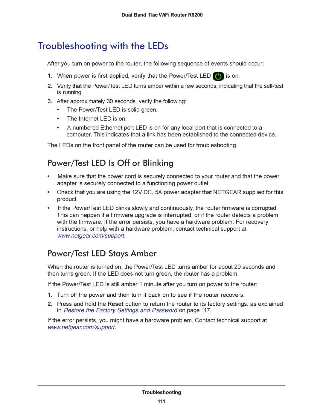 NETGEAR R6200-100NAS Troubleshooting with the LEDs, Power/Test LED Is Off or Blinking, Power/Test LED Stays Amber 