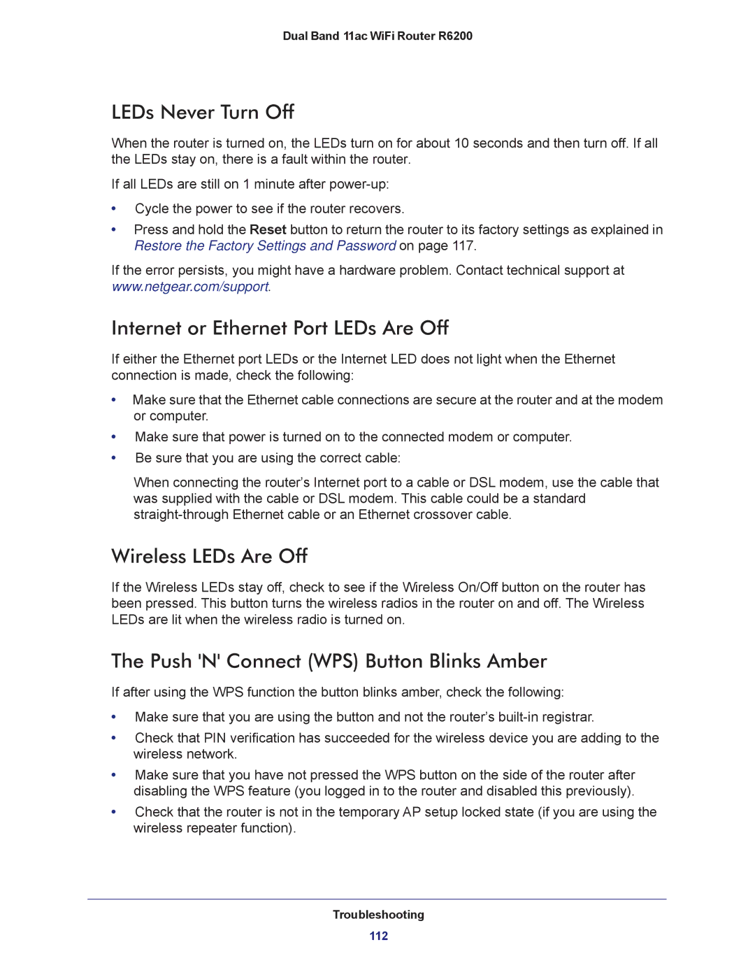 NETGEAR R6200-100NAS user manual LEDs Never Turn Off, Internet or Ethernet Port LEDs Are Off, Wireless LEDs Are Off 