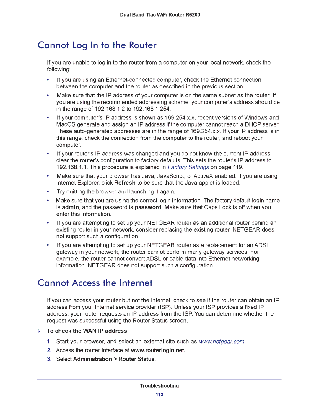 NETGEAR R6200-100NAS user manual Cannot Log In to the Router, Cannot Access the Internet 