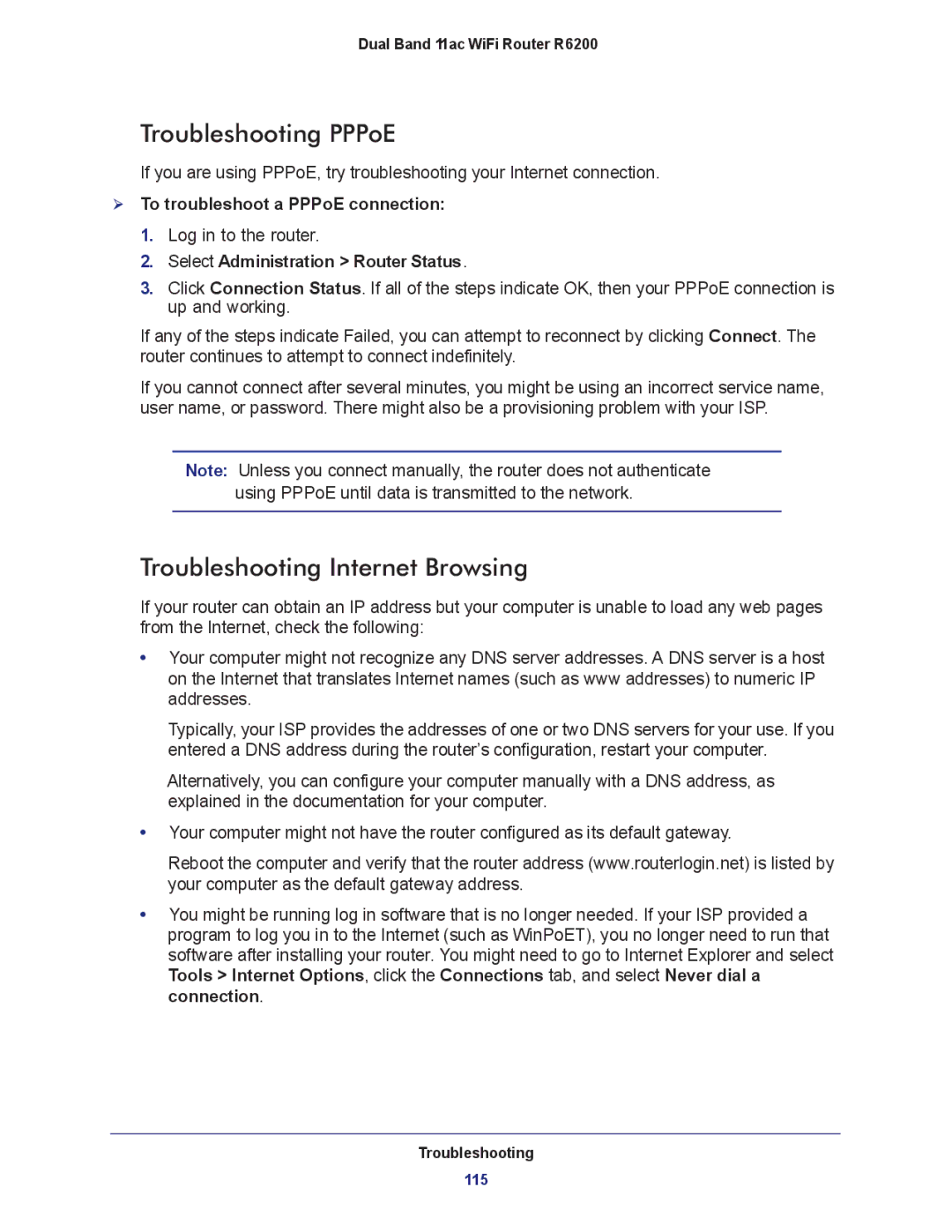 NETGEAR R6200-100NAS Troubleshooting PPPoE, Troubleshooting Internet Browsing,  To troubleshoot a PPPoE connection 