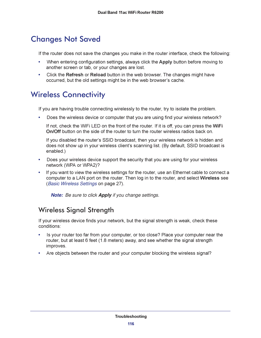 NETGEAR R6200-100NAS user manual Changes Not Saved, Wireless Connectivity, Wireless Signal Strength 