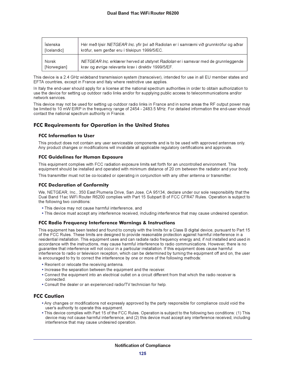 NETGEAR R6200-100NAS user manual FCC Requirements for Operation in the United States, FCC Caution 