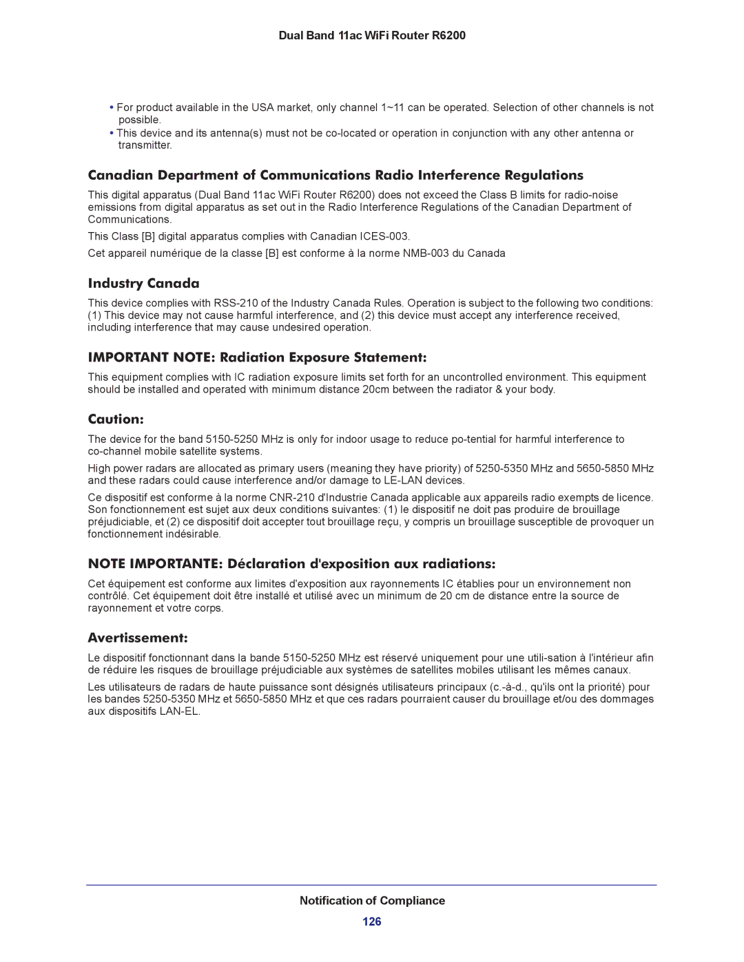 NETGEAR R6200-100NAS user manual Industry Canada, Important Note Radiation Exposure Statement, Avertissement 