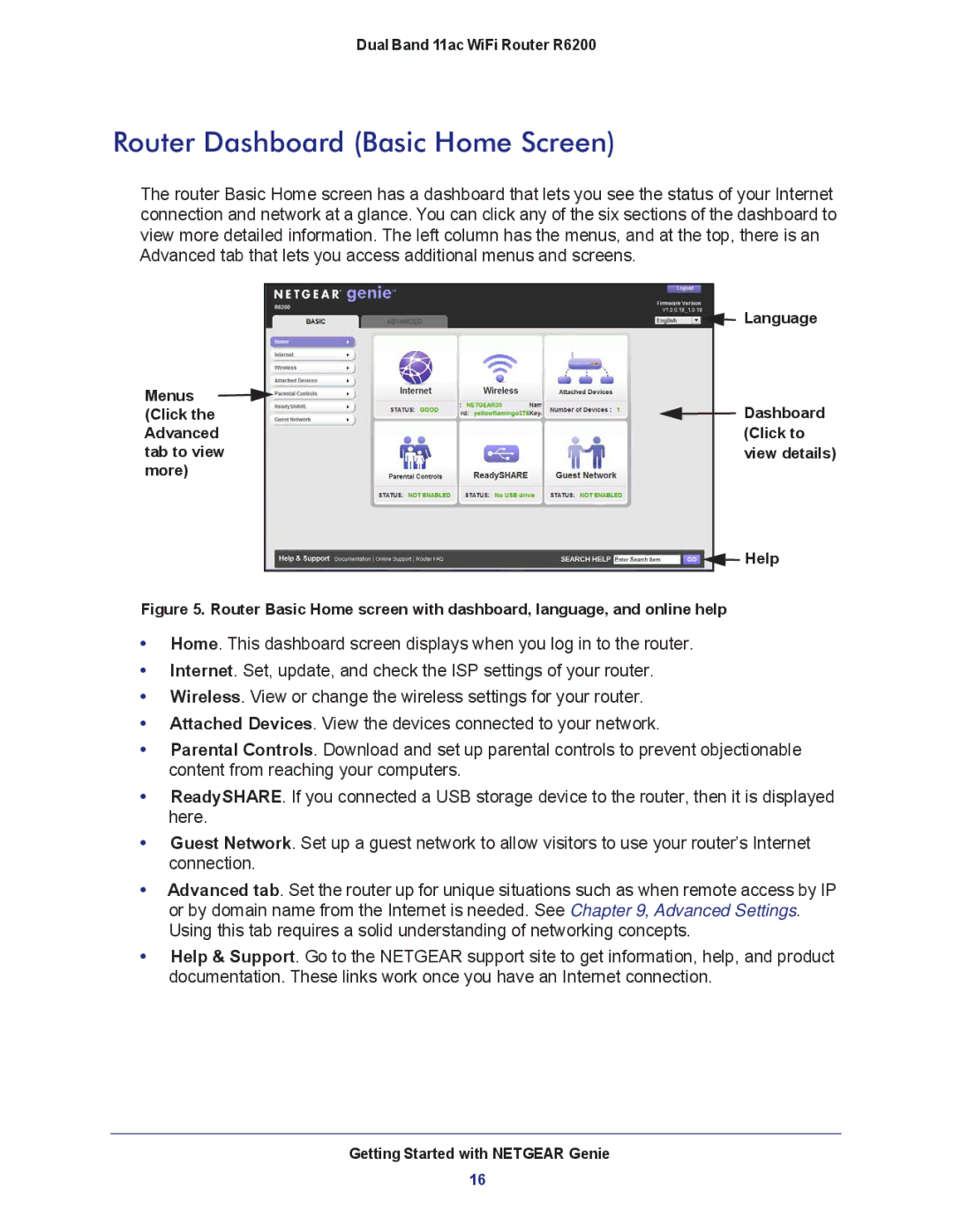 NETGEAR R6200-100NAS user manual Router Dashboard Basic Home Screen 