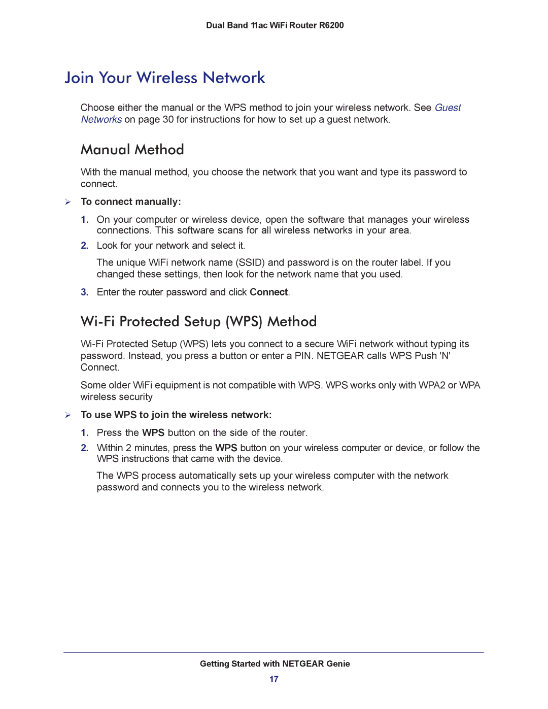 NETGEAR R6200-100NAS Join Your Wireless Network, Manual Method, Wi-Fi Protected Setup WPS Method,  To connect manually 