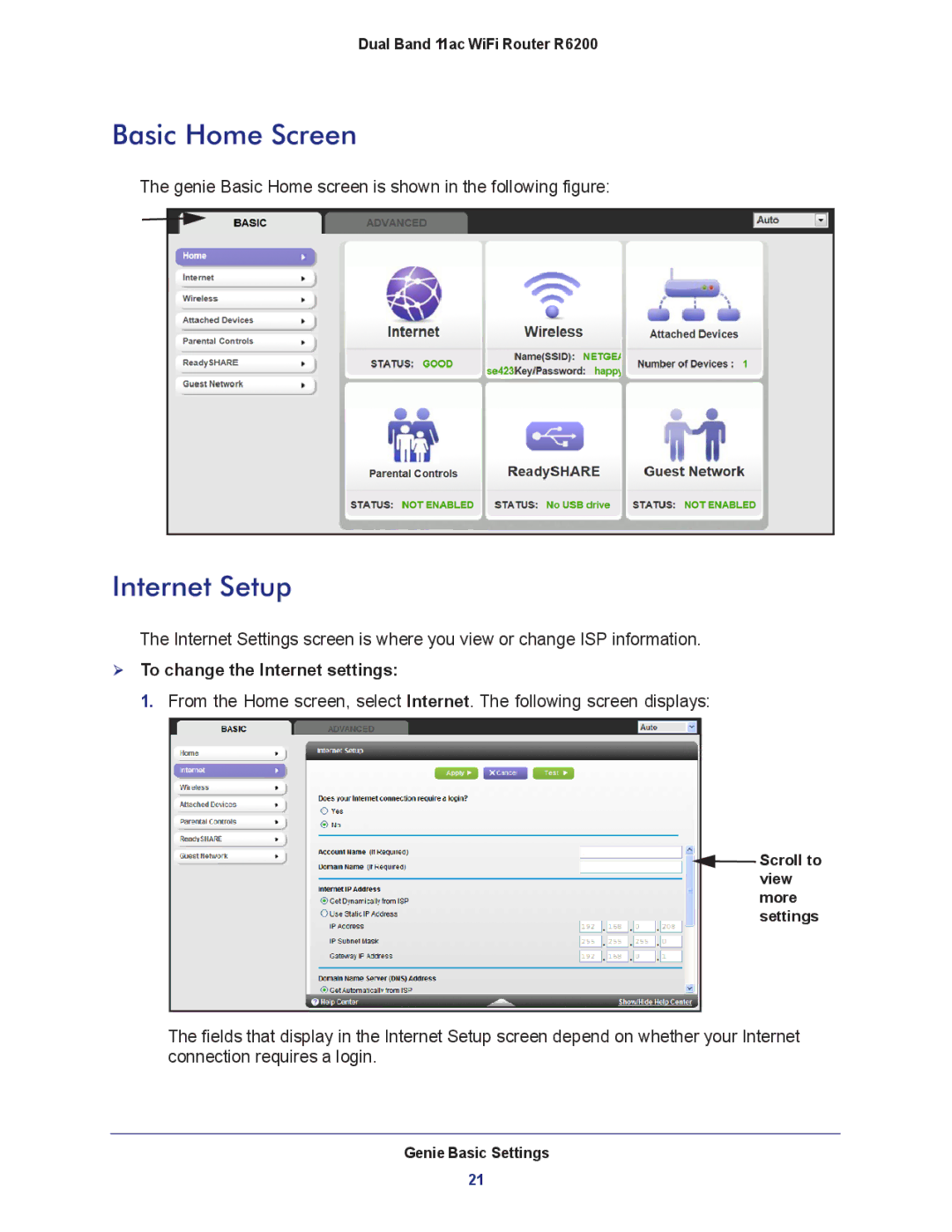 NETGEAR R6200-100NAS user manual Basic Home Screen, Internet Setup,  To change the Internet settings 