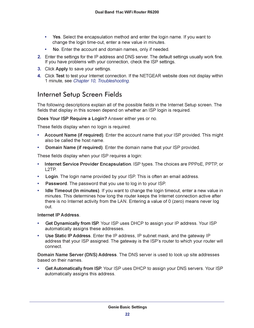 NETGEAR R6200-100NAS user manual Internet Setup Screen Fields, Does Your ISP Require a Login? Answer either yes or no 