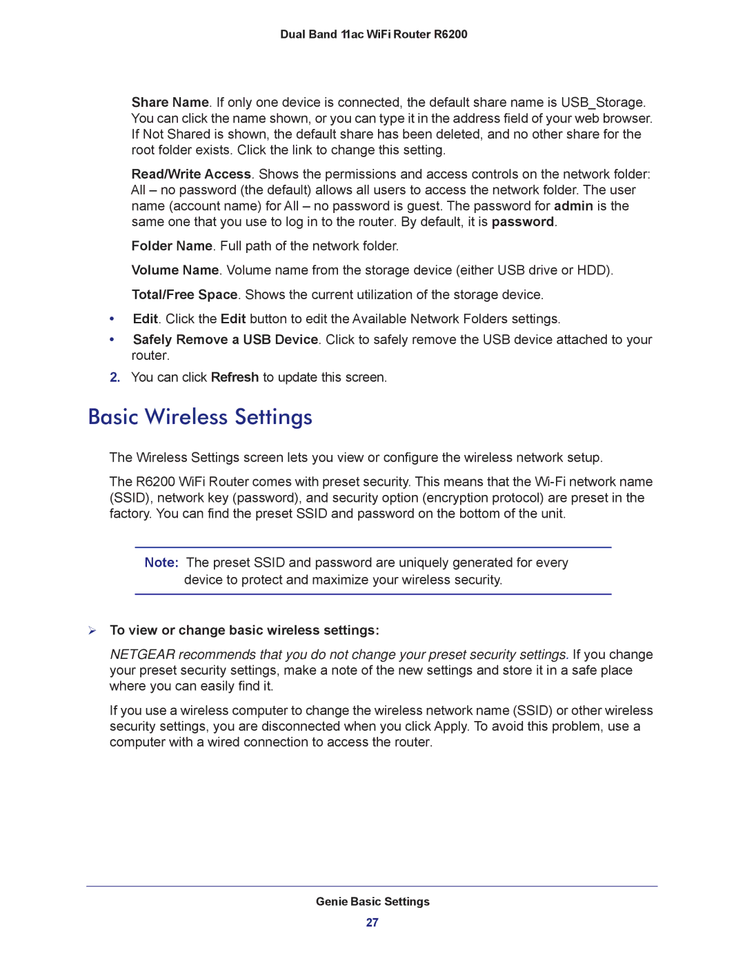 NETGEAR R6200-100NAS user manual Basic Wireless Settings,  To view or change basic wireless settings 