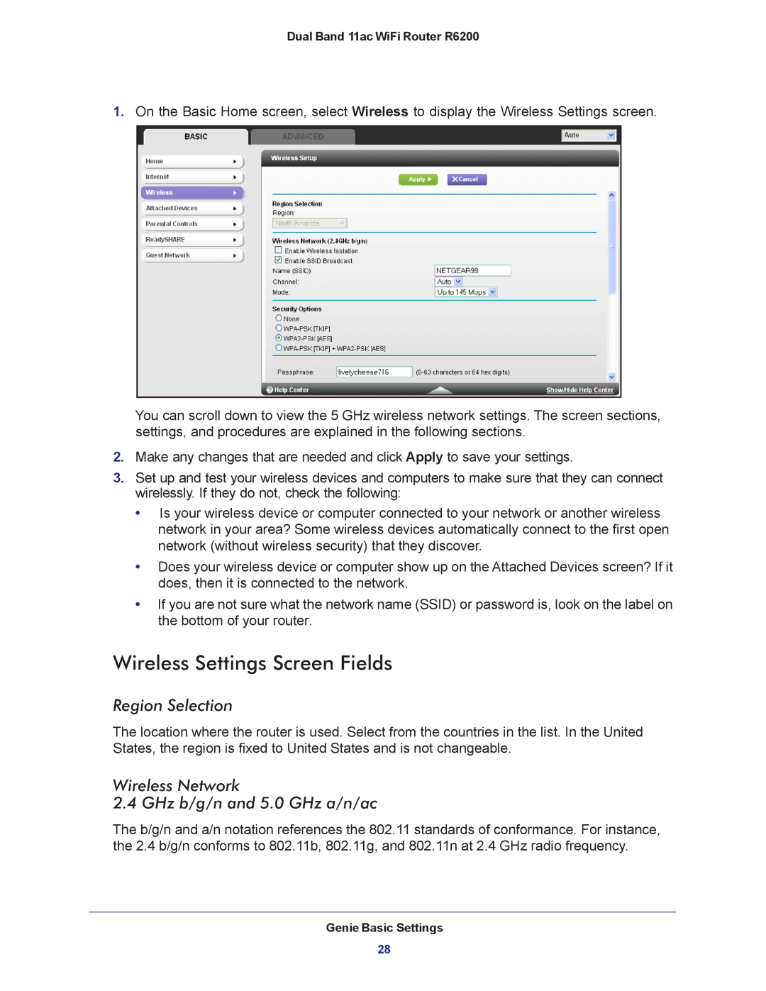 NETGEAR R6200-100NAS Wireless Settings Screen Fields, Region Selection, Wireless Network GHz b/g/n and 5.0 GHz a/n/ac 