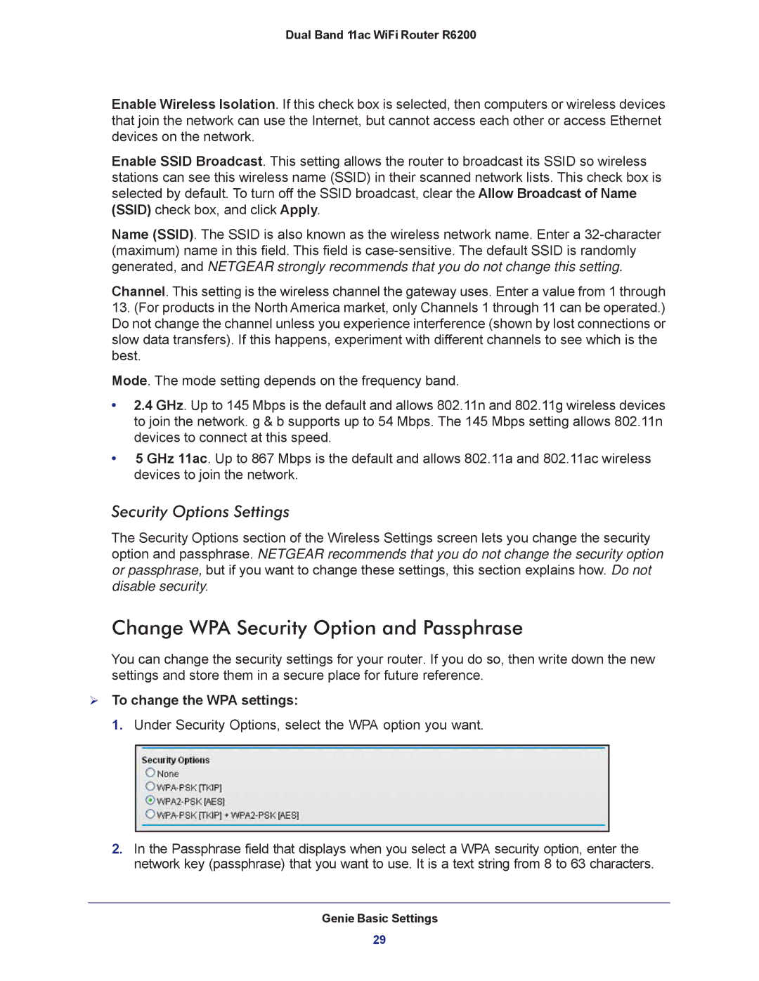 NETGEAR R6200-100NAS Change WPA Security Option and Passphrase, Security Options Settings,  To change the WPA settings 