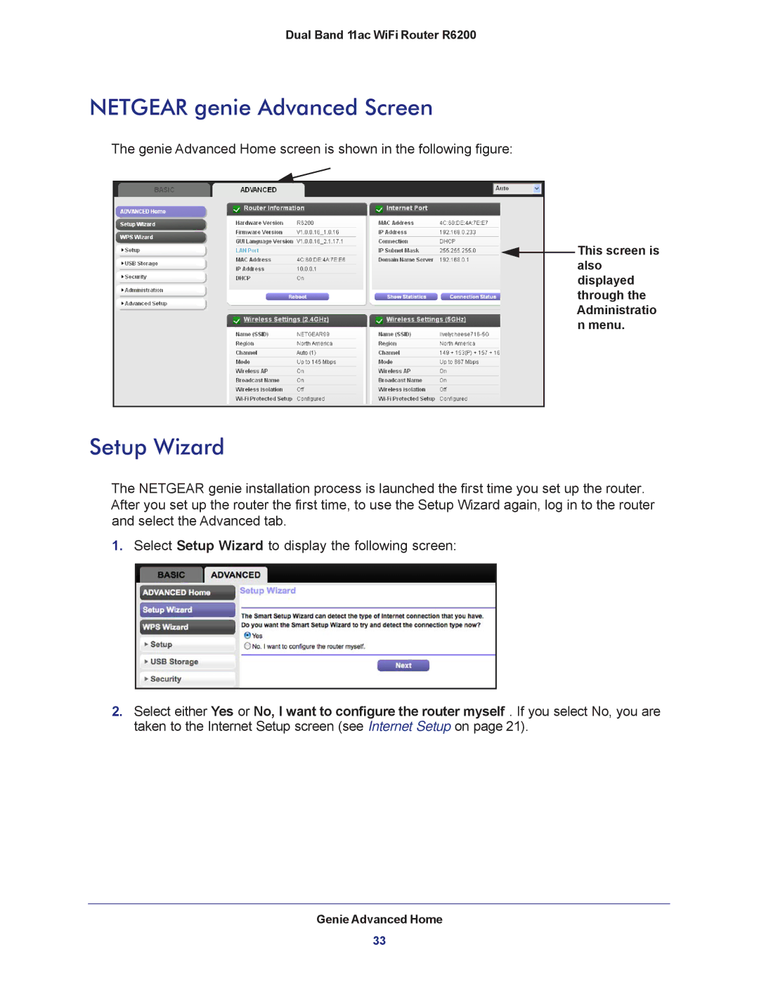 NETGEAR R6200-100NAS user manual Netgear genie Advanced Screen, Setup Wizard 