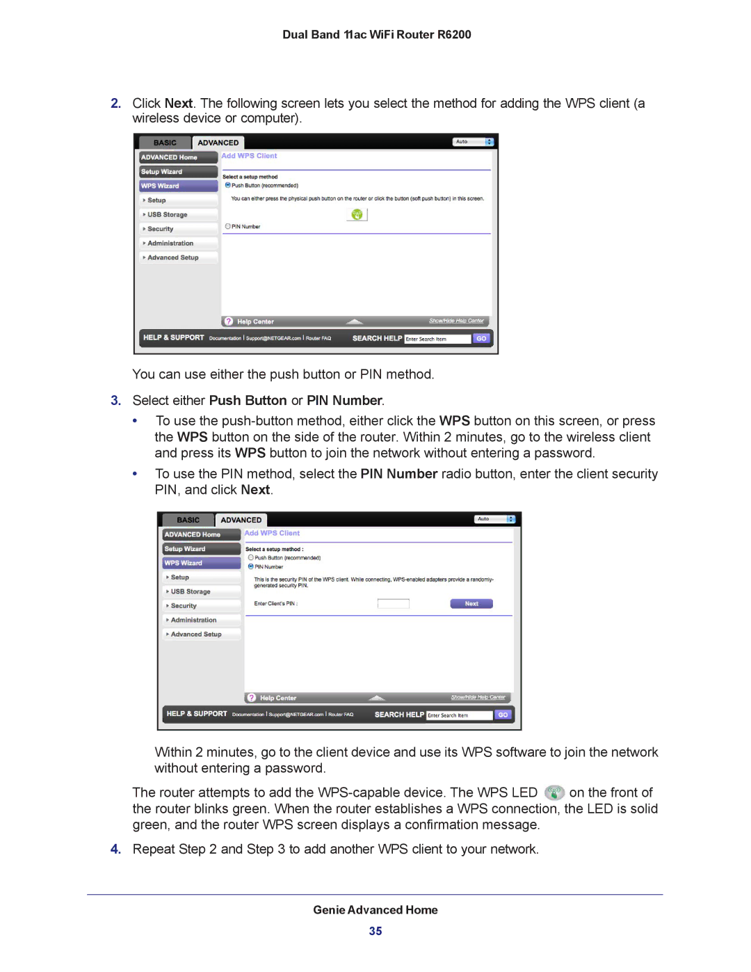 NETGEAR R6200-100NAS user manual Select either Push Button or PIN Number 