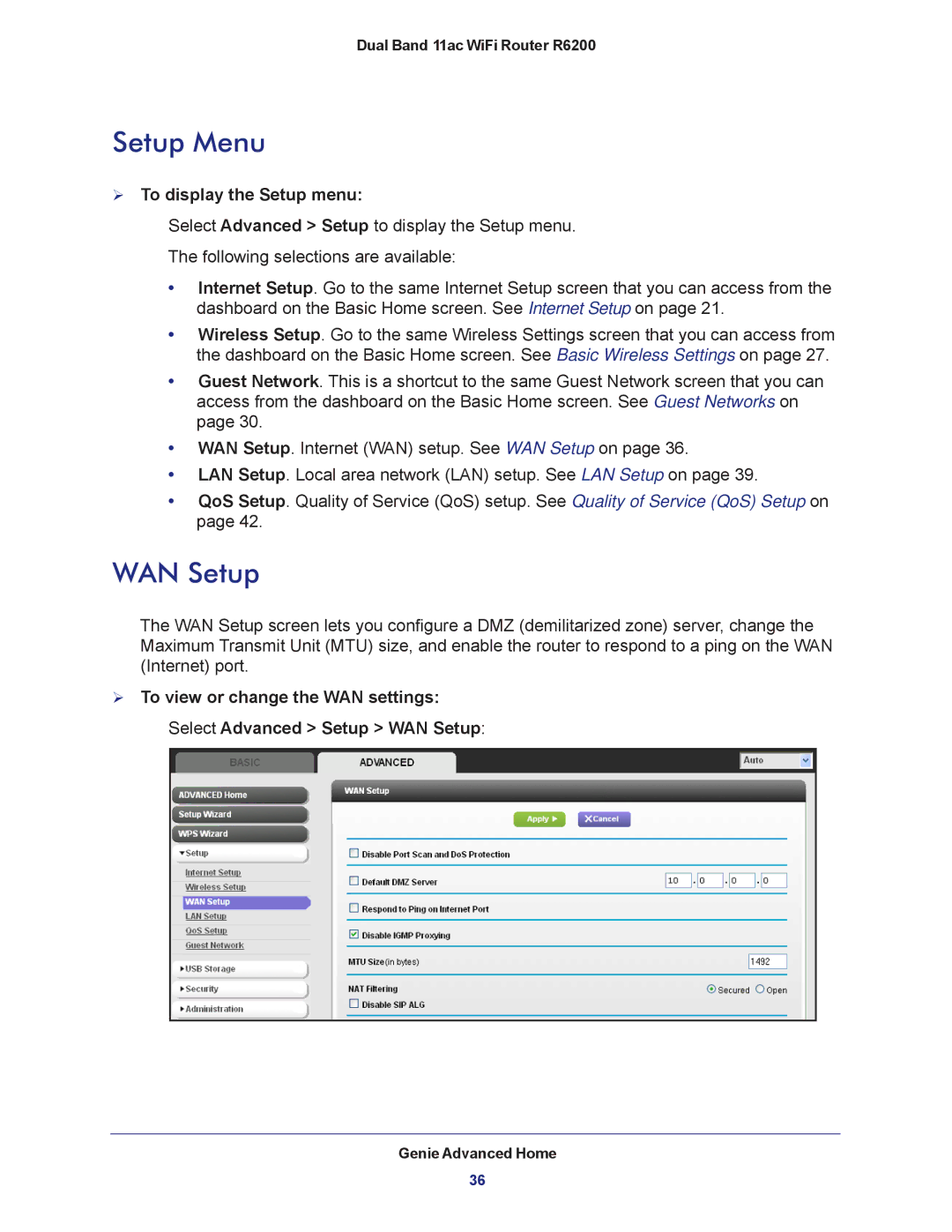 NETGEAR R6200-100NAS user manual Setup Menu, WAN Setup,  To display the Setup menu 