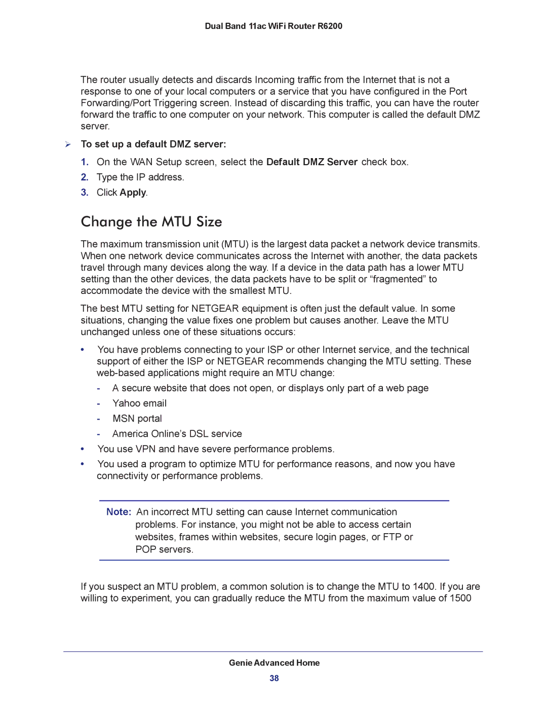 NETGEAR R6200-100NAS user manual Change the MTU Size,  To set up a default DMZ server 